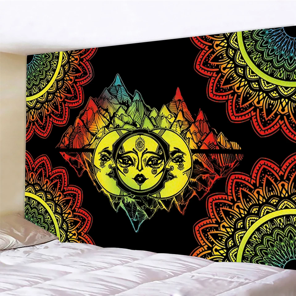 

Mandala Wall Tapestry Sun Moon Boho Psychedelic Tarot Witchcraft Print 100% Microfiber Corridor Bedroom Living Room Wall Decor