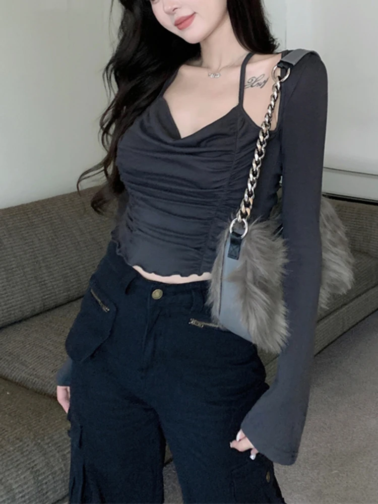 

Женская плиссированная футболка с длинным рукавом, Винтажная футболка в стиле 1950-х, укороченные топы в американском стиле ретро, весна 2023