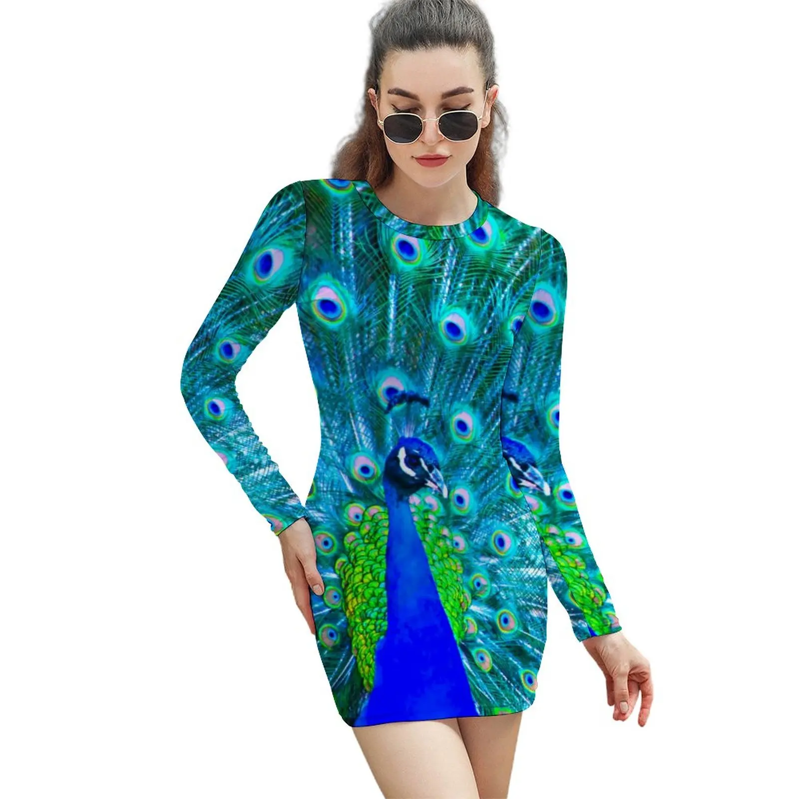 

Imperial Empress Peacock Dress Animal Feathers Aesthetic Bodycon Dress Autumn Long Sleeve Sexy Dresses Print Oversized Vestidos