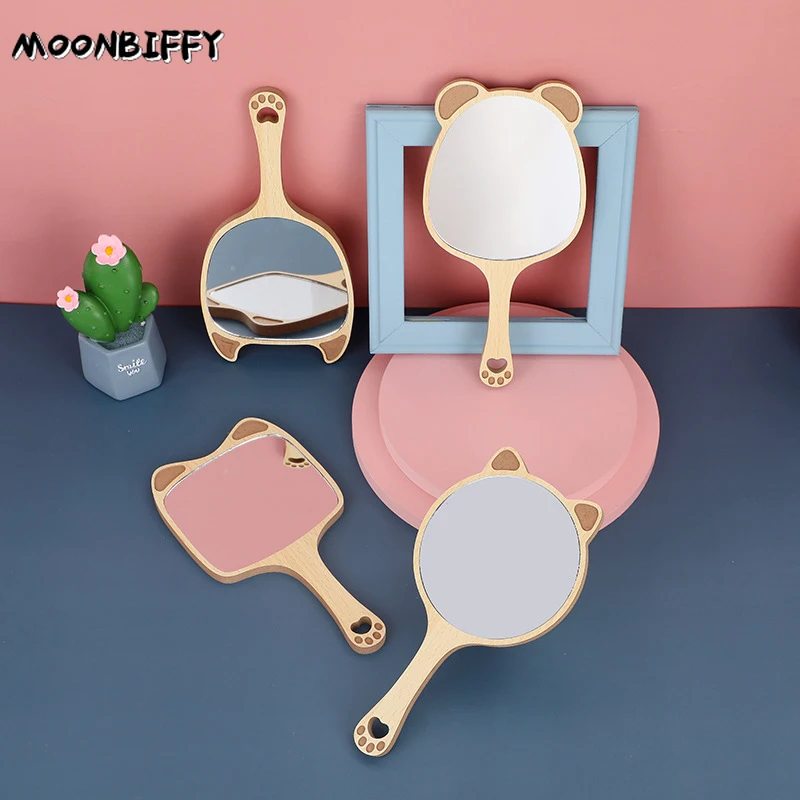 

Hand Mirrors Wood Creative Design Makeup Handheld Cosmetic Mirror Portable Vanity Mirror Cute Cat Ear зеркало Maquiagem Espejo