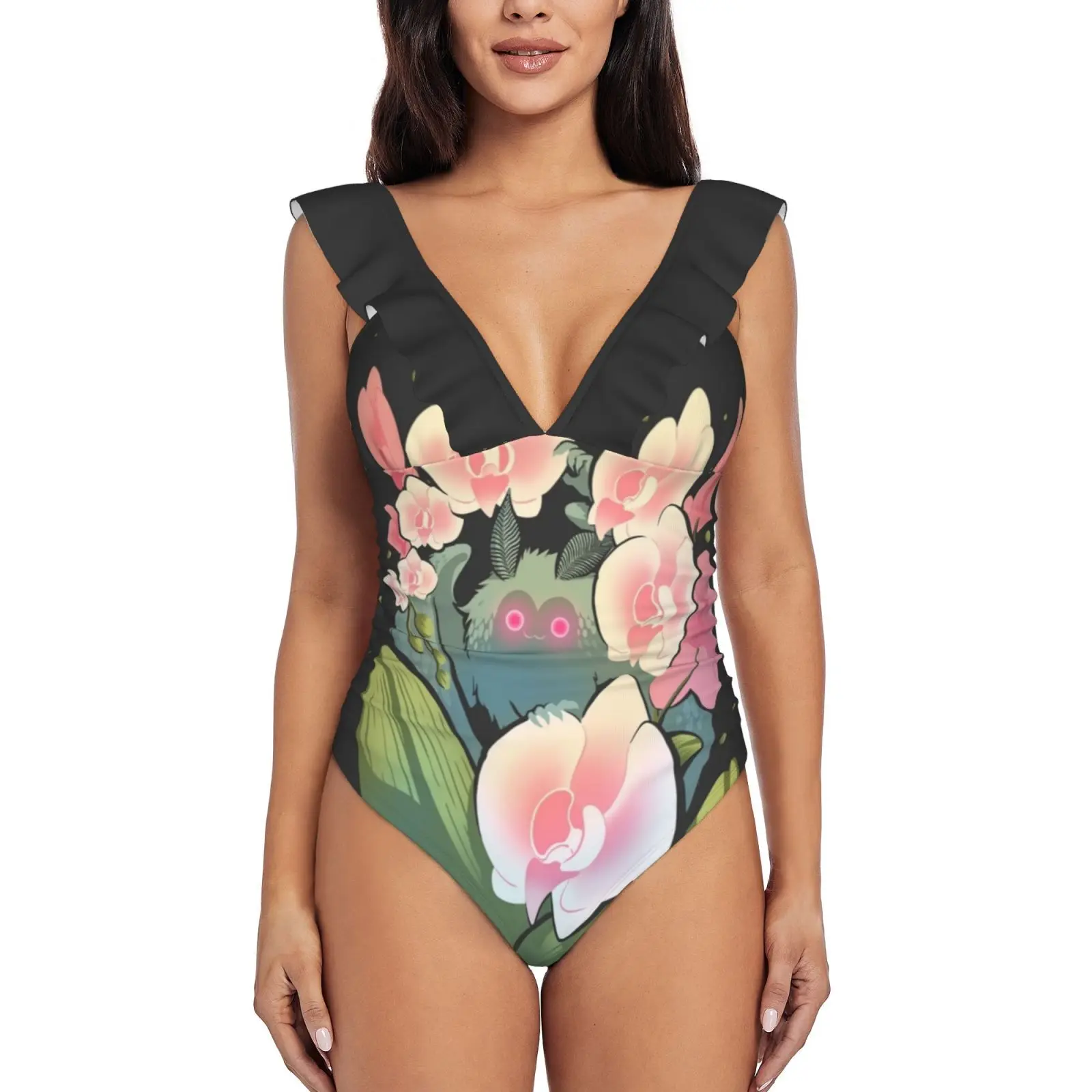 

Слитный купальник Mothman с орхидеями и оборками, женский купальник, монокини с пуш-ап, сексуальный купальный костюм с принтом Mothman Cryptid