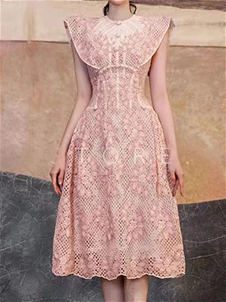Sexy Sleeveless Backless Summer Boho Party Woman Dress 2022 Vintage Solid Pink Beach Sundress Women Lace Runway Embroidery Robe