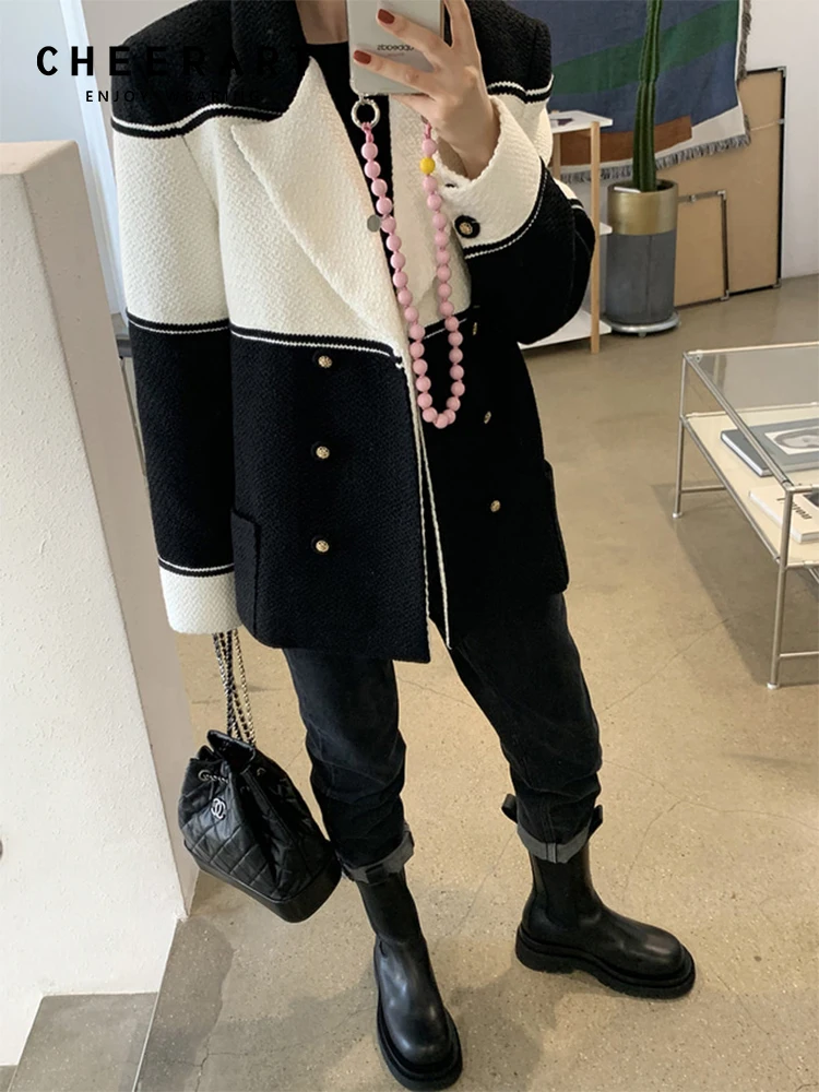 

CHEERART Winter Blend Wool Coat Women Luxury Patchwork Double-Breasted Warm Tweed Jackets Korean Fashion Designer Clothes
