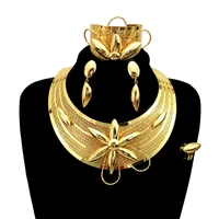 New Trendy Brazilian Gold Plated Copper Material Hollow Surround Necklace Simple Flower Style Woman Big Jewelry Set FHK13078
