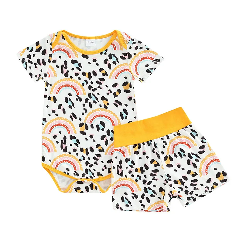 

0-18M Newborn Baby Girls Pants Suit Infant Baby Short Sleeve Round Neck Leopard Print Romper Tops Shorts Set Summer Clothing