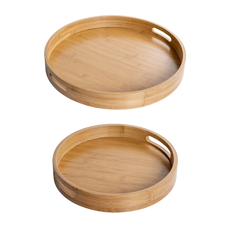 

2PCS Round Serving Tray With Handles-Wooden Bamboo Circle Tray, 13.78 Inch X 1.97 Inch & 11.81 Inch X 1.57 Inch