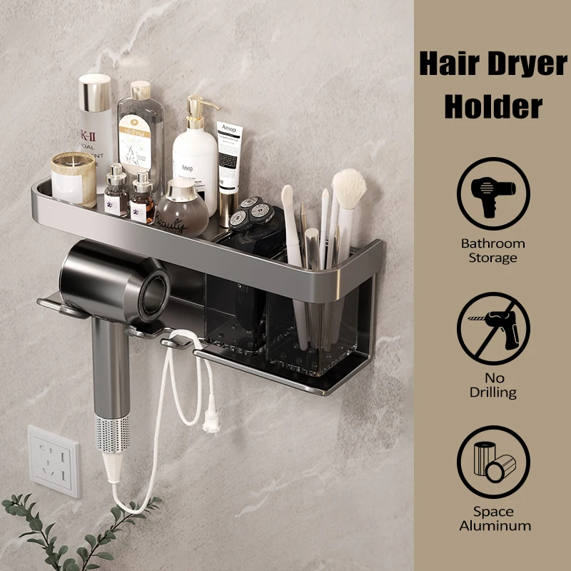 

Aleación de aluminio Soporte para secador de pelo Organizador de almacenamiento de baño Estante de baño de pared Sin perforación