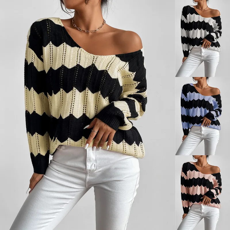 

Everkaki Sweaters Women Spring Autumn Hollow Out See Through V-Neck Long Sleeve Pullovers Woman Casual Loose Knitted Tops