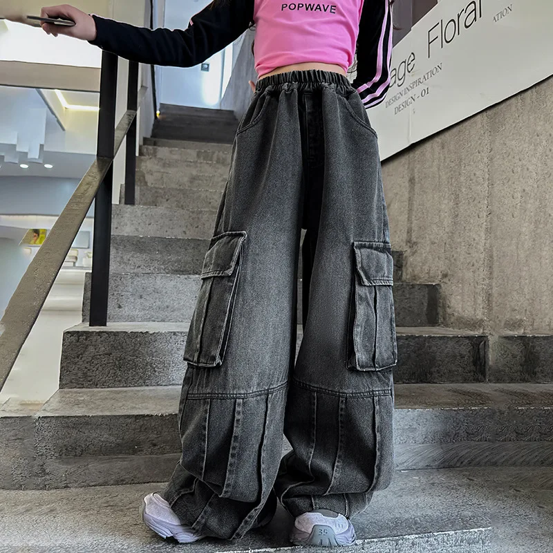 Джинсы для девочек с несколькими карманами на возраст 6 8 10 12 14 лет весна-осень