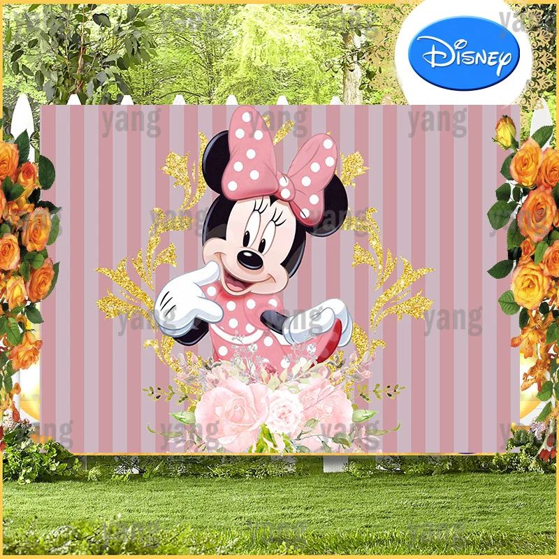 

Cartoon Custom Disney Baby Mickey Minnie Mouse Lovely Flowers Birthday Party Decoration Pink Backdrop Photography Background