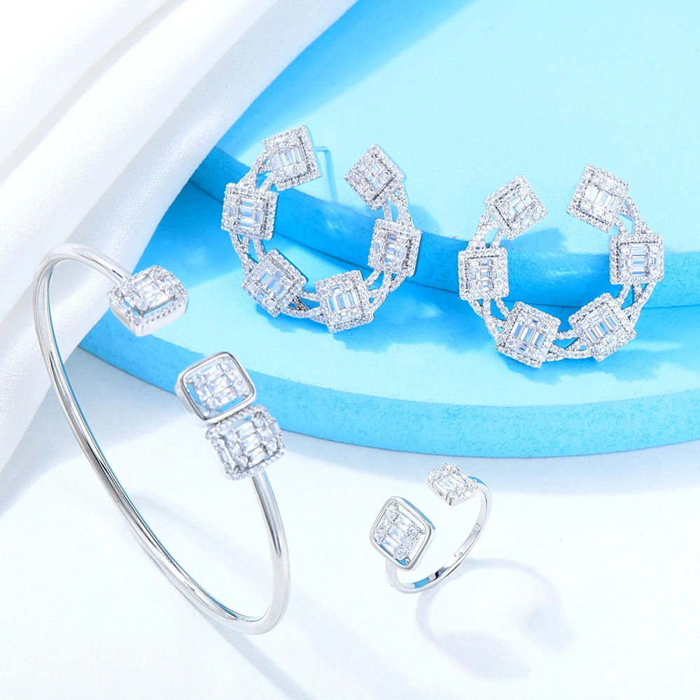 GODK 2PCS Bracelets/Ring Luxury Cubic Zirconia Open Bangle Resizable Rings Trendy Girls Women Patry Wedding Jewelry Sets - купить по