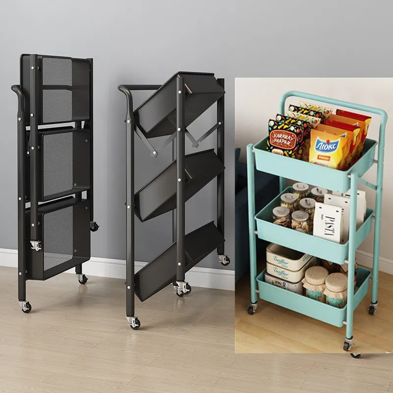 Installation-free Cart Rack Portable Foldable Storage Three-layer Storage Rack for Kitchen and Bathroom Storage Organizer Handle