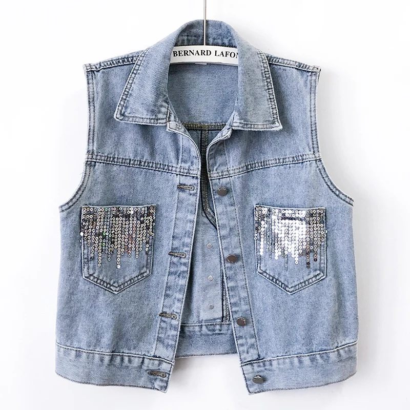 

Light Blue Sequins Big Pocket Denim Vest Women Waistcoat Korean Casual Cowboy Sleeveless Jacket Female Loose Short Jeans Vests