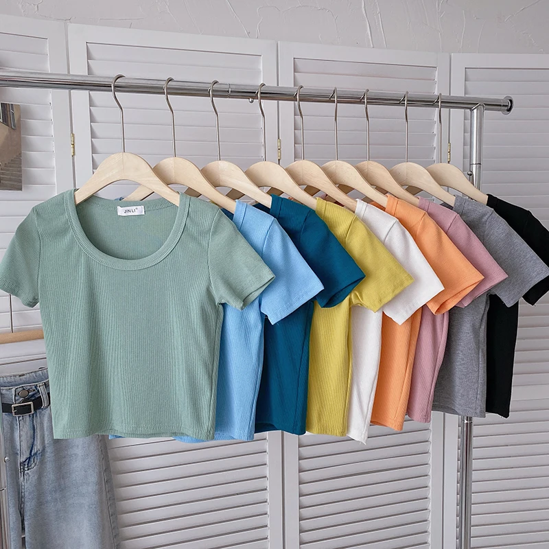 

Summer Women oversize Basic solid color T-shirts Tops women's 2022 new Korean casual slim fit short-sleeved short T-shirt Tees