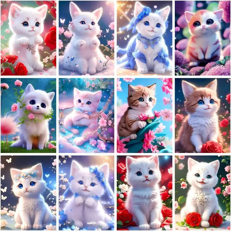 

CHENISTORY Painting By Number White Cute Cat Kit Coloring By Numbers Drawing Canvas For Adults Children Handpaint Home Decor