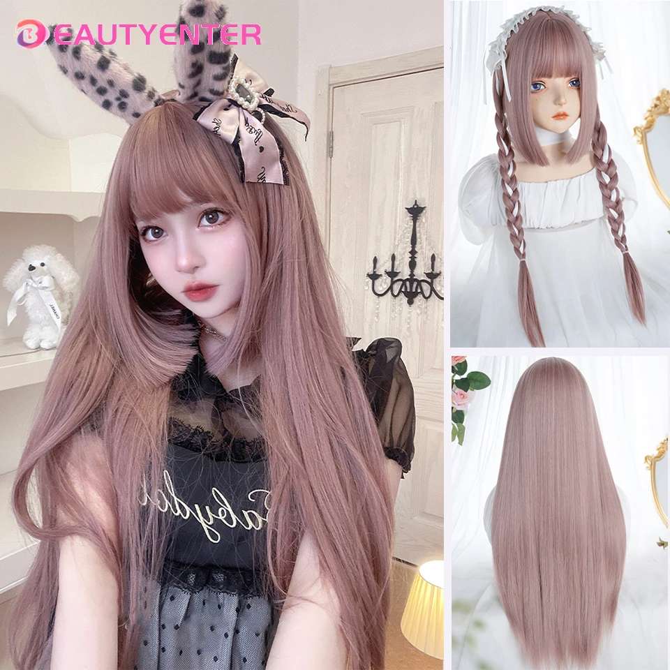 

Синтетический серо-розовый длинный прямой парик для женщин Омбре розовые фиолетовые Лолита бобо парики с челкой термостойкие косплей повседневные волосы