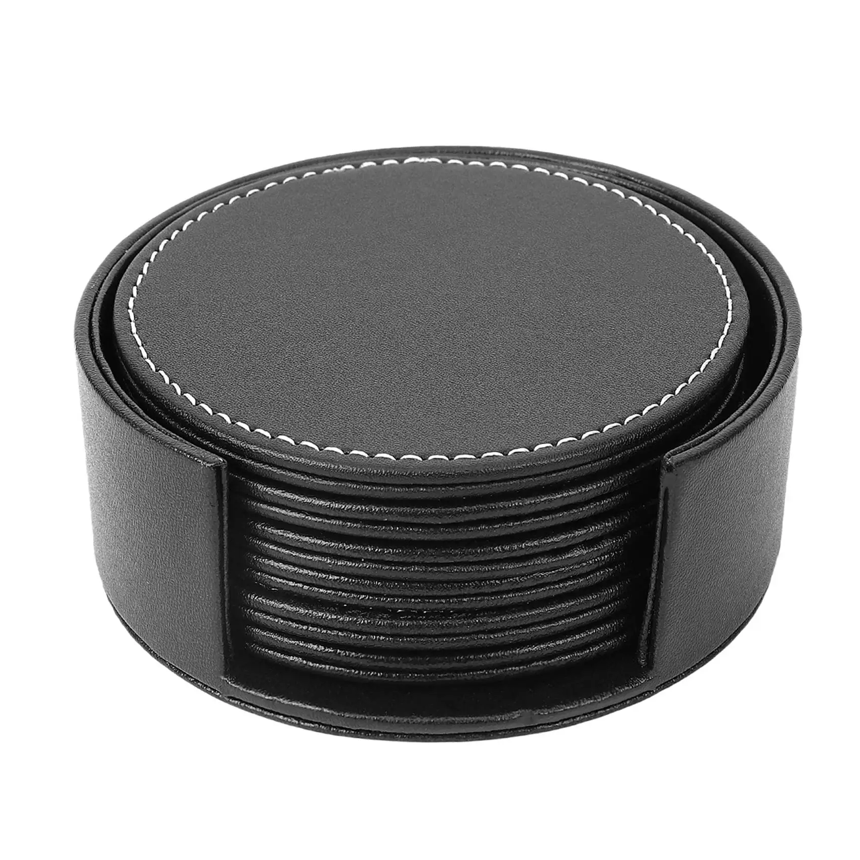 

6 Leather Drink Coasters Round Cup Mat Pad and Kitchen Use Black