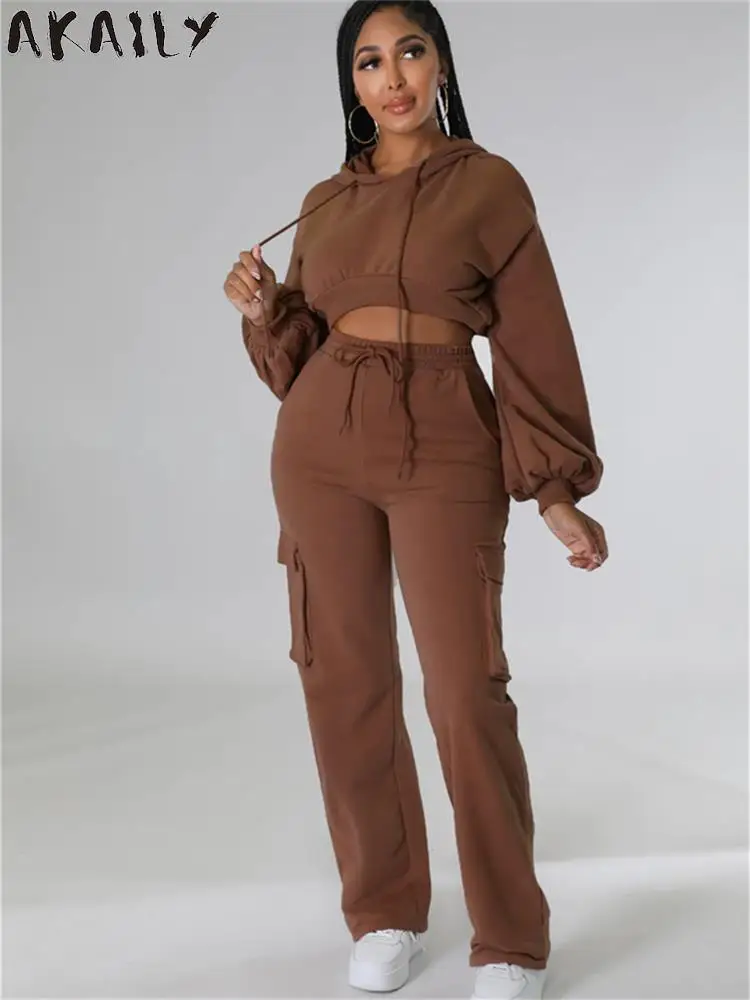 

Akaily Brown Tracksuit 2 Two Piece Sets Women Fall Outfits 2022 Sweatsuits Black Long Sleeve Hoodies And Sweat Pants Sets Ladies