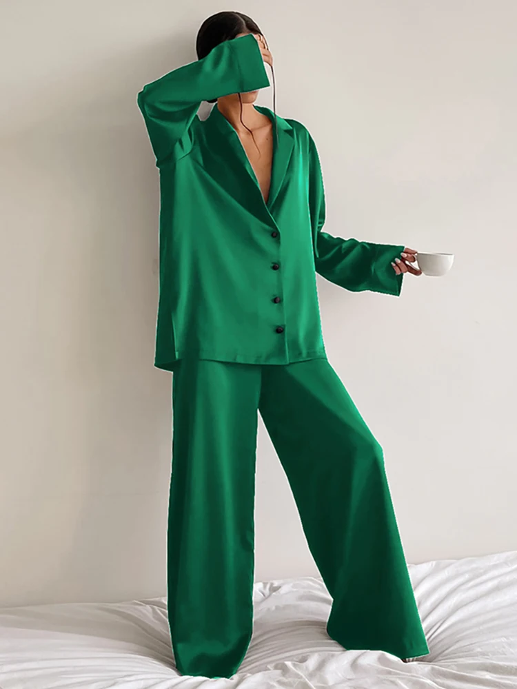Restve Loose Sleepwear Female 2 Piece Set Oversized Satin Turn Down Collar Long Sleeve Tops Casual Women Sets With Pants 2022