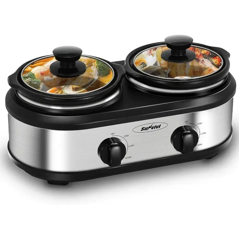 

Dual Pot Slow Cooker, 2 Pot Small Mini Crock Buffet Server and Warmer, Upgraded Oval Ceramic Double Pot