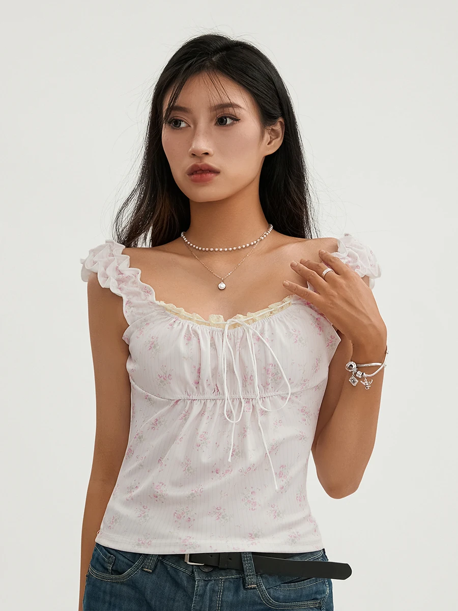 

New Fashion Y2K Women Basic Floral Tank Tops Summer Lace Patchwork Sleeveless Crop T-Shirt for Streetwear Club Wear