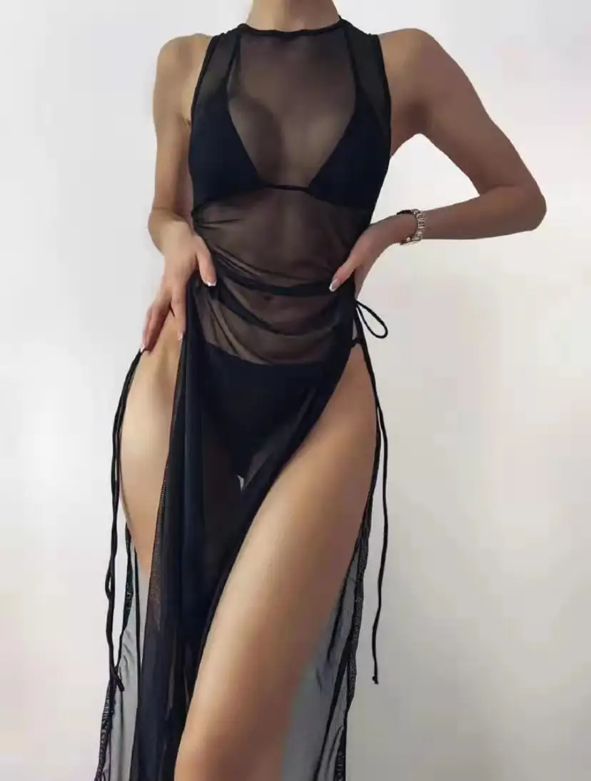 

Black 3 pieces set High neck swimwear female swimsuit cover-ups for women Skirts bikini Halter triangle bathing suit 2022