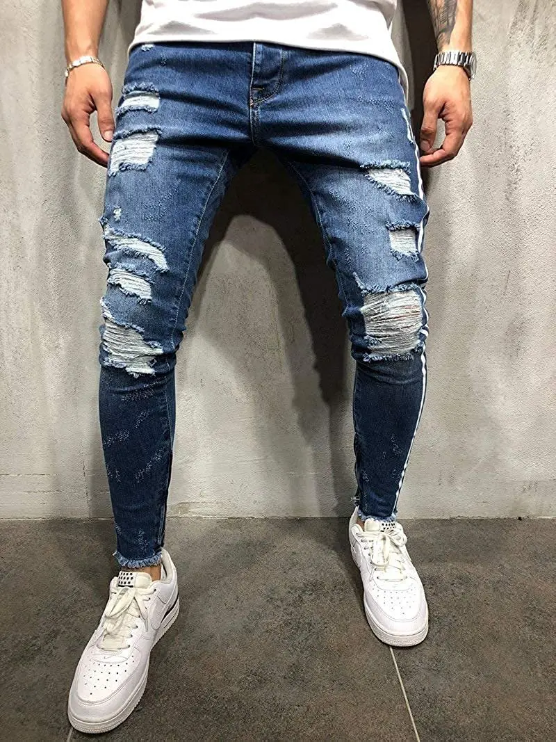 Men's Jeans Luxury Leg Zipper Fashion Streetwear Vintage Thin Destroyed Ripped Stretch Trousers Broken Punk Pants For Man