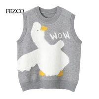 fezco 2022 spring cute big white goose printing kawaii women sweater vest outside knitted vest y2k cropped vintage tank top