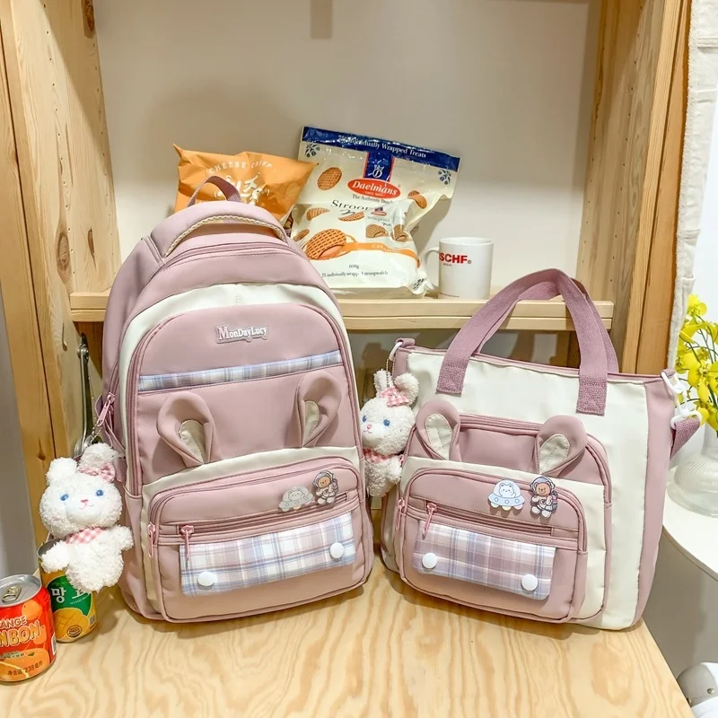 

Kawaii Plaid Bunny Ears Decor Backpacks For Women Large Capacity Backpacks Multi Pockets Versatile Bags Cute Women's School Bags