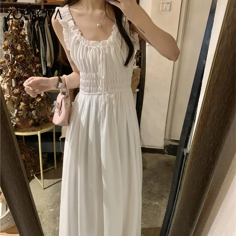 OVA ZOENOVA letnia nowa francuska retro damska sukienka moda uliczna Lady dekolt w serek plisowana pończocha Casual przyjęcie świąteczne sukienki