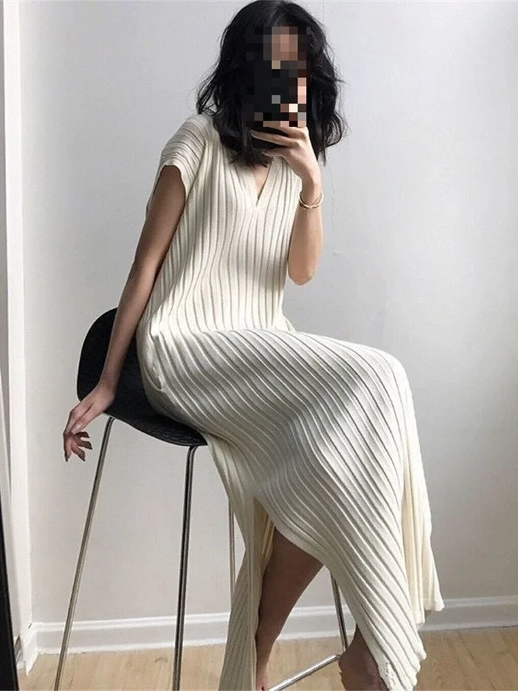 

2023 Spring and Summer Cheongsam Style Loose Knitting Dress Women V-neck Striped Ribbed Dresses Vestidos De Mujer Casual ZY7592