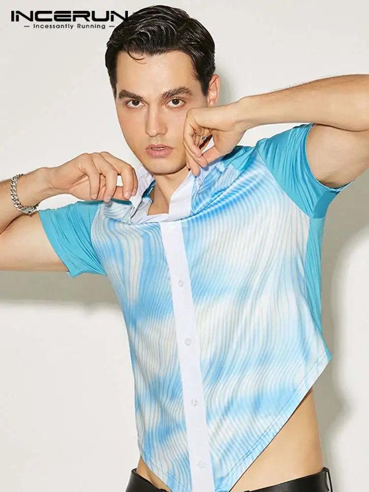 

INCERUN Fashion Men Shirt Lapel Short Sleeve Button Patchwork Streetwear Casual Men Irregular Shirts Summer 2022 Camisas S-5XL 7