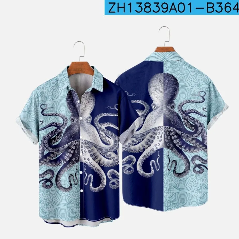 Octopus Green Printing Short-Sleeved Printing 2022 Summer Casual Loose Plus Large Size Shirt Men's Hawaii Beach Vacation Shirt