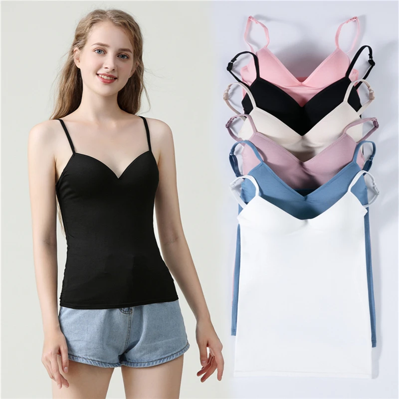 

New bottoming Padded Bra Tank Top Women Modal Spaghetti Solid Cami Top Vest Female Camisole With Built In Bra Fitness Clothing