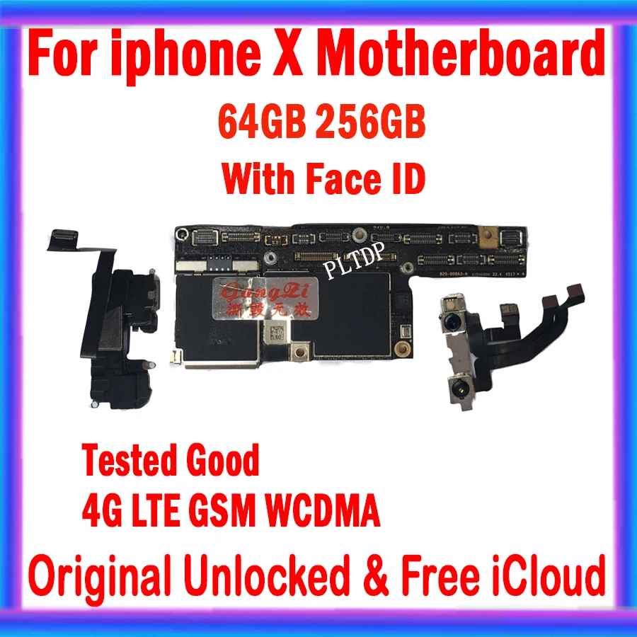 Free iCloud For iphone X Factory Unlocked motherboard With/No Face ID 100% Original Support OS System update Logic board 64G 256
