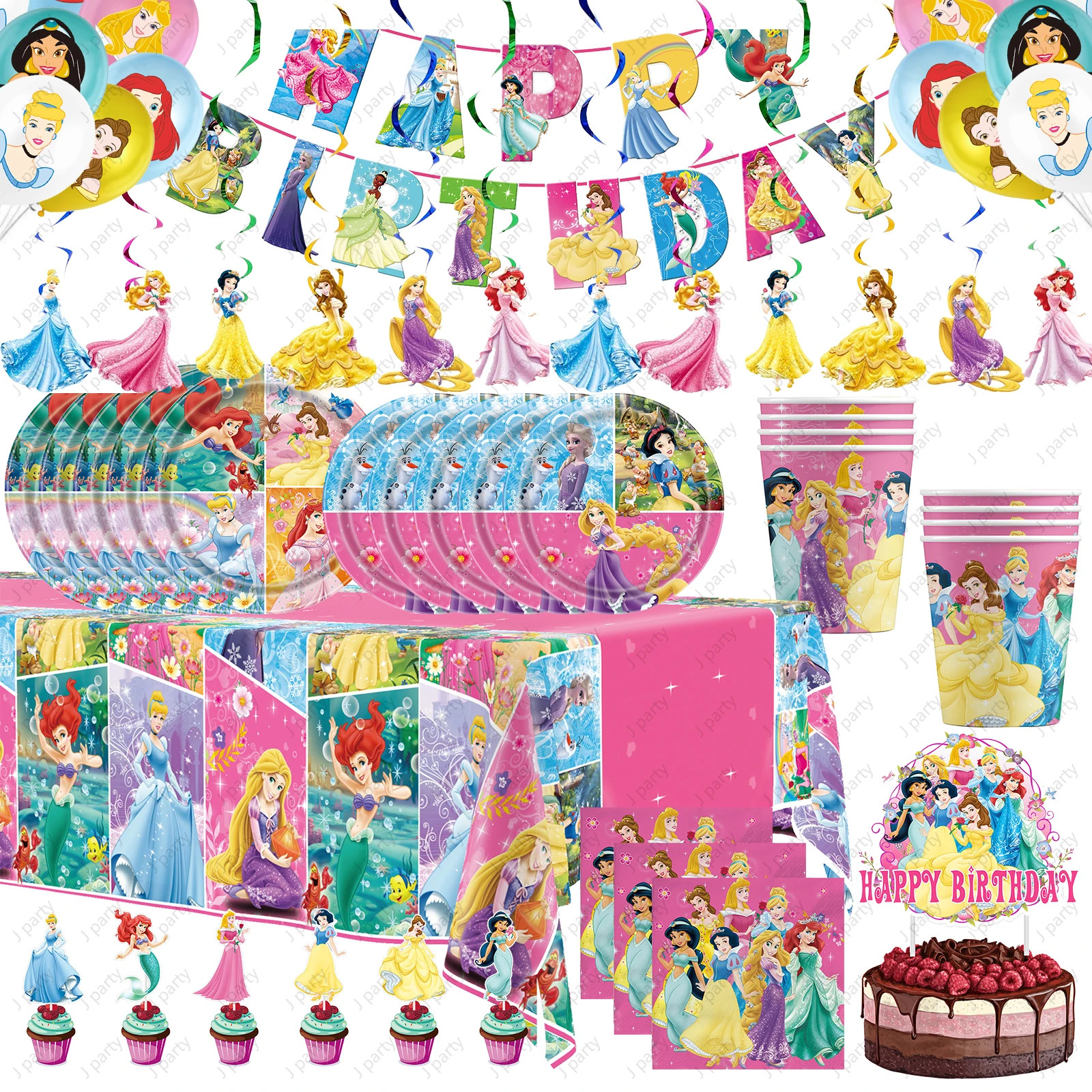 

Princess Birthday Party Decorations Balloons Banner Tablecloth Paper Cups Plates Napkins Cake Toppers for Kids Girls Baby Shower