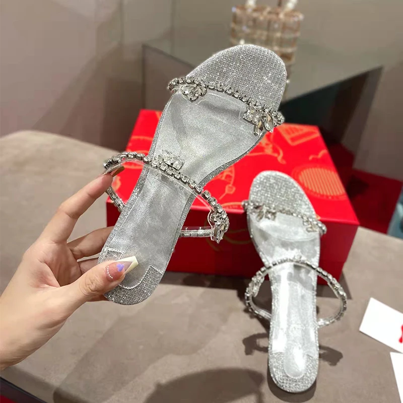 Silver Rhinestone Flat-bottomed Drag Women's Summer Low-heeled Sandals 2023 New Open-toe One-word Sandals