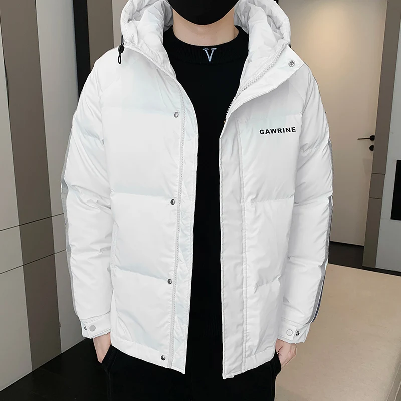 Winter White Duck Down Jacket For Men 80% White Duck Down Long Sleeve With Striped Down Coat Hooded Wave Cut