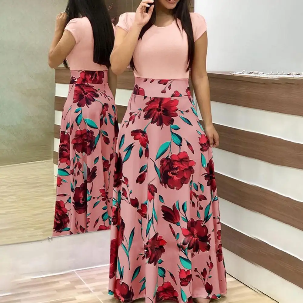 

Hot Sales!!! Women Floral Print Color Block Round Neck Beach Party Short Sleeve Maxi Dress