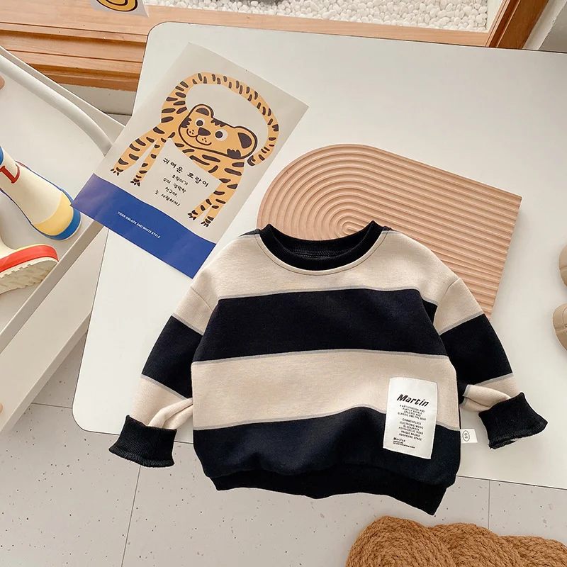 Kids Soft Sweatshirt Striped Patchwork Toddler Little Boys Casual Cotton Pullover Clothes Children Streetwear Outwear For 1-8Y enlarge