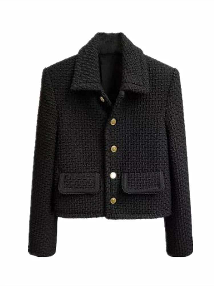 

Высокое качество твидовое черное пальто 2023 Осень Зима Новое Женское однобортное тонкое шерстяное пальто с длинным рукавом модная верхняя одежда