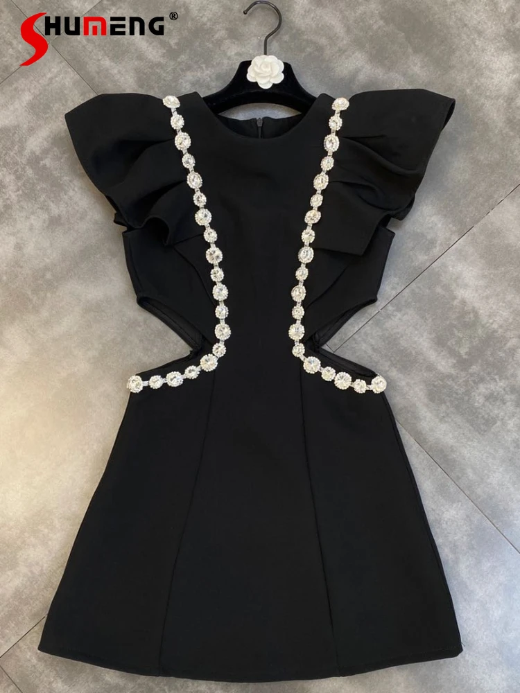 Luxury Three-Dimensional Flying Edge Ruffled Rhinestones Short Sleeve Black Dresses 2022 Summer Sexy Diamond Waist Hollow Dress
