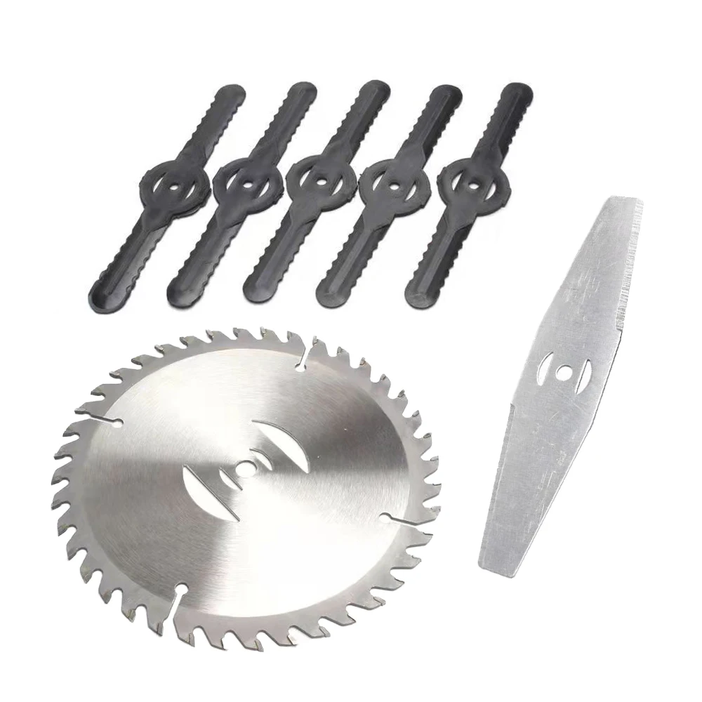 

1 Set Saw Blades of Lawn Mower accessories include 5PCS Nylon Blades 1PCS one-word blade 1PCS 6 inch circular saw blade