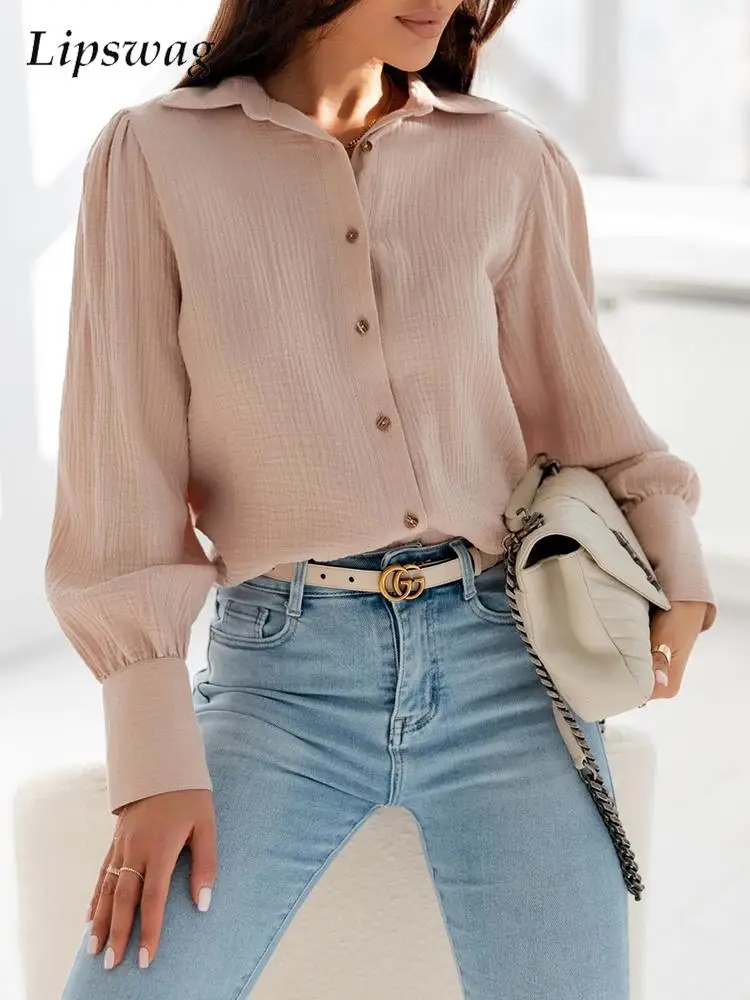 

2022 Women Solid Color Shirts Elegant Button Lapel Cardigan Top Lady Loose Long Sleeve Shirt Women's Blouses Autumn Blusas Mujer