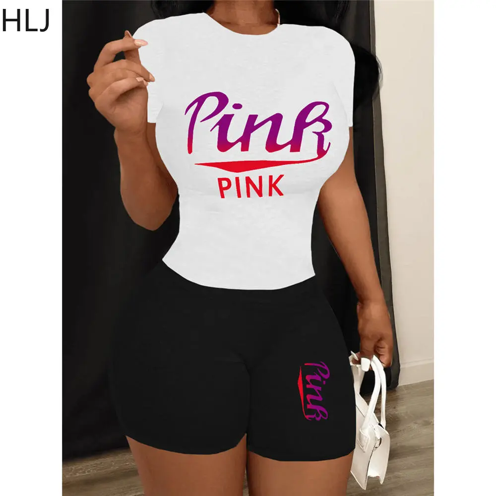 

HLJ PINK Letter Print Tracksuits Women Round Neck Short Sleeve Top + Biker Shorts Two Piece Sets Summer Sporty 2pcs Outfits 2023