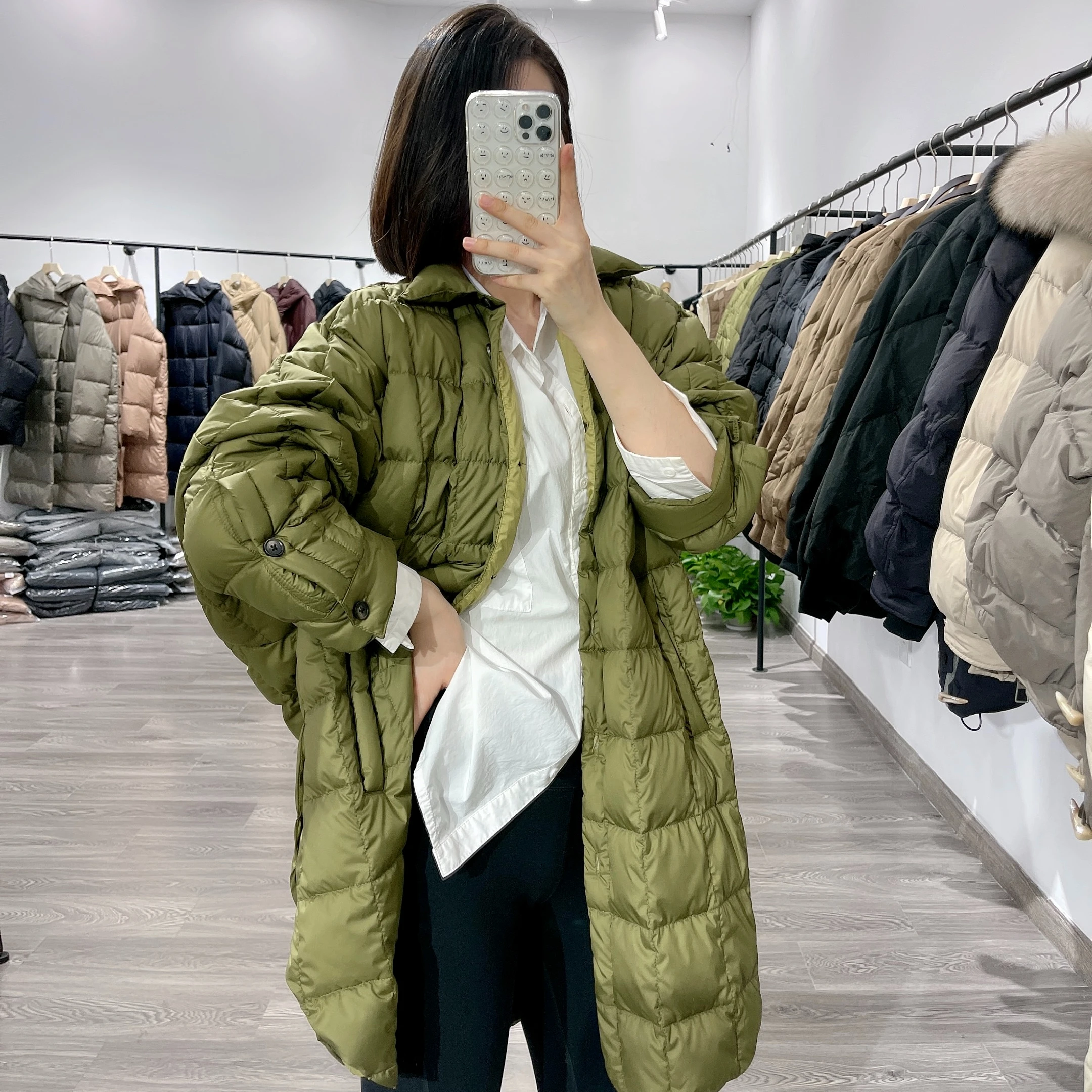 

2022 Women's Winter Fashion Long Loose Down Coats Female Solid Color Warm Outerwear Ladies Casual White Duck Down Jackets R10