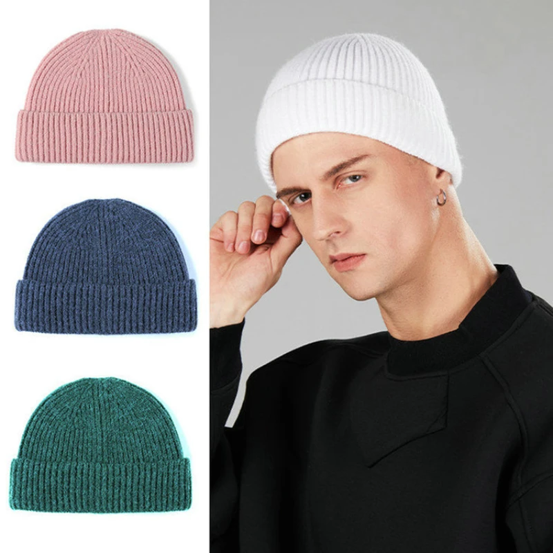 

Winter Hat Wool Brimless Cap Soft New Solid Beanies Knitted Skullies Hat Unisex Solid Colors Cuffed Warm Bonnet Ski Cap