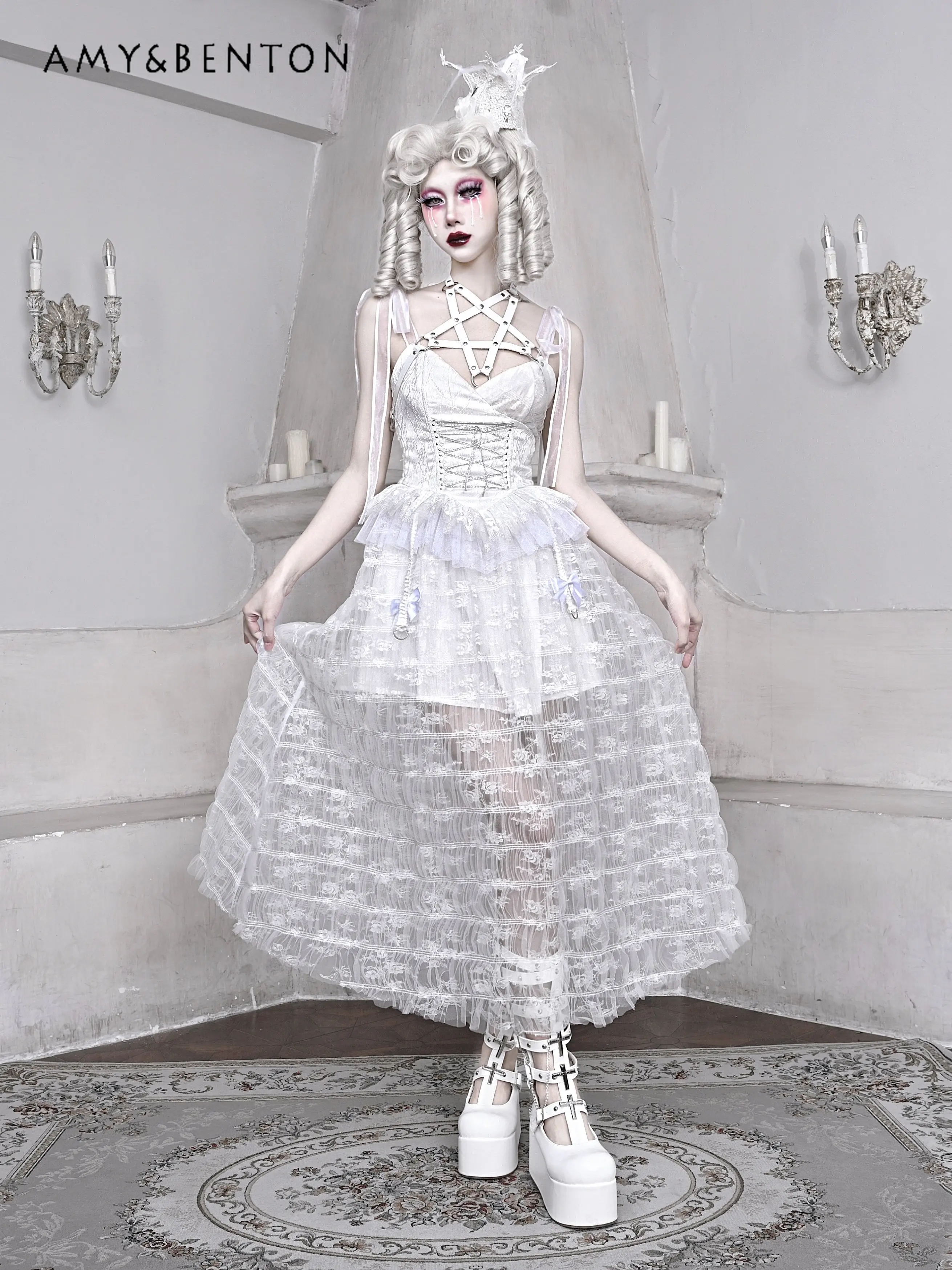 White Gothic Mesh Lace Suspender Dress for Women Sleeveless High Waist Long Dress Female Japanese Style Midi Dress