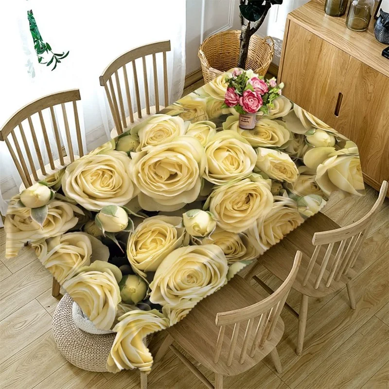 3D Tablecloth Yellow Rose Pattern Waterproof Dining Table Cover Party Rectangular Tablecloth Home Kitchen Wedding Decoration