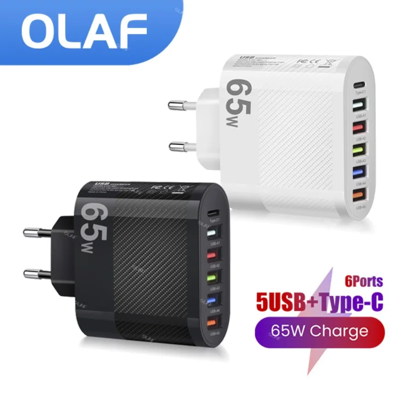 

6 Ports 65W USB Charger Type C PD Fast Wall Charger USB C Charger Fast Charging Adapter For iPhone Xiaomi Huawei Samsung